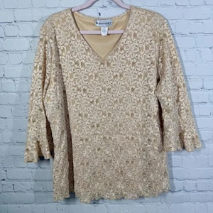 Blusa elegante de encaje floral beige Dressbarn para mujer más 3X mangas campana con cuentas - Imagen 1 de 10