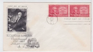 TurtlesTradingPost- Alexander Hamilton #1086 FDC- 1957- Artcraft Cachet- Pair - Picture 1 of 1