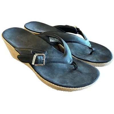 Vionic Women’s 8 Polina Gold Leather Wedge Thong Sandals Black - Image 1 of 4