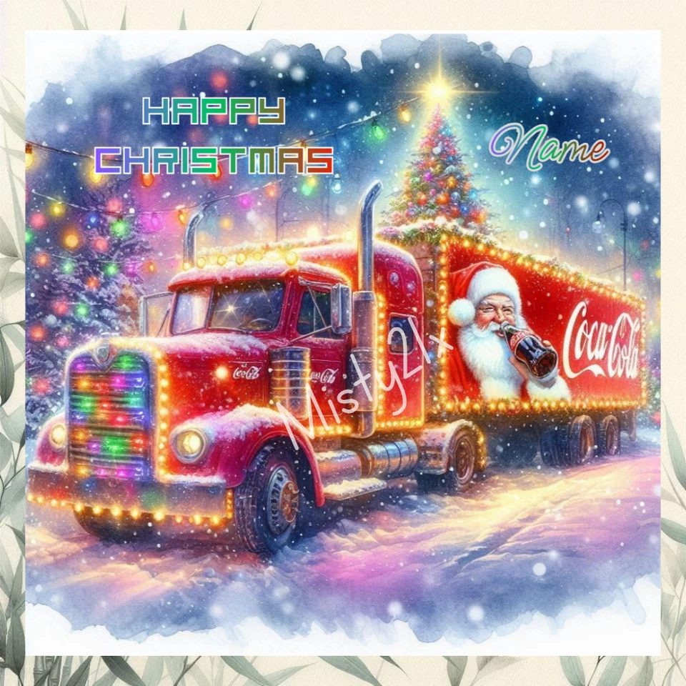 MISTY21X Personalised COCA COLA Greeting Card CHRISTMAS LORRY Truck XMAS Santa Hat Snowy