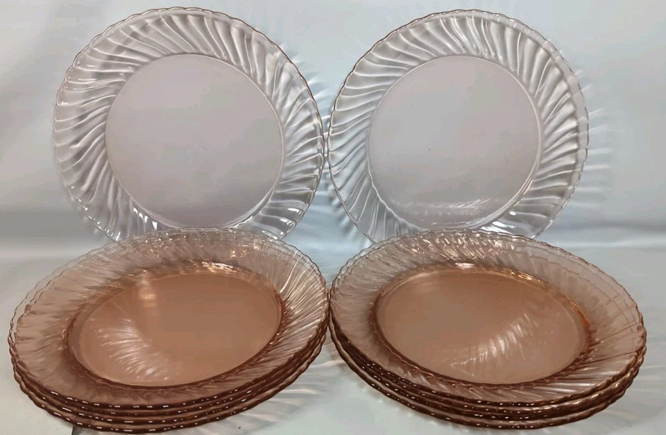 Набор из 10 обеденных тарелок PINK ARCOROC из розалинового стекла вихревые тарелки Cottage Core 9 дюймов - Изображение 1 из 4