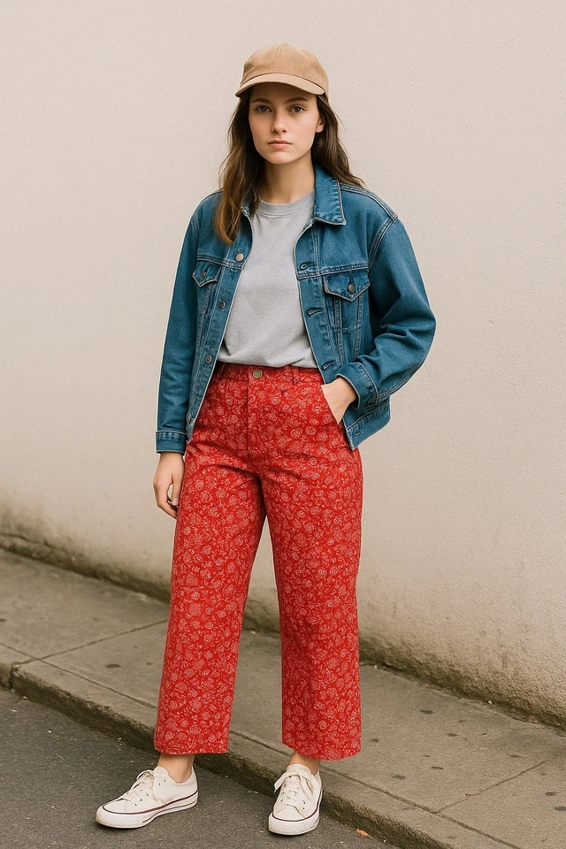 Pantalones Evan-Picone Rojo Floral Sarga - Talla 12 - 100% Algodón - Longitud Recortada - Vi Foto 1 de 4