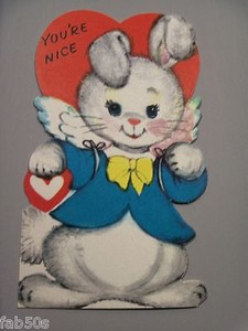 Vtg Valentine Card Gibson Dressed White Rabbit Easter Bunny Angel You're Nice 