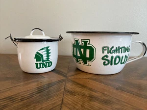 Vtg. North Dakota Fighting Sioux Enamel Pot & Kettle Set Football Serving Bowl - Picture 1 of 23