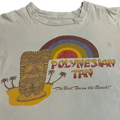 Vintage 70s Polynesian Tan Tiki BMX Bike Race T-Shirt Blue Small S MTCS Rainbow - Image 1 of 4