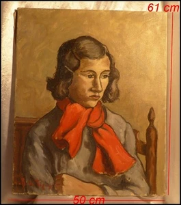 "Jeune Fille à l'Echarpe Rouge" Signé  André Balouzet de Tigny 1896-1968 Huile - Picture 1 of 8