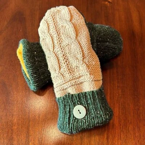 Green and Yellow Handmade KIDS ages 5-10 Upcycled wool sweater mittens - Picture 1 of 3