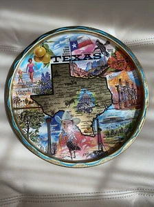 Vintage Round Tin Tray State of Texas Map & Bluebonnet Flowers Travel Souvenir  - Picture 1 of 7