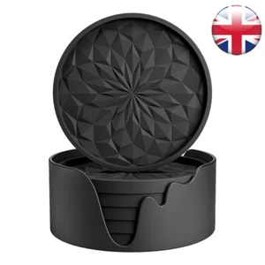 6 Pack Coasters with Holder Cup Mat for Drinks Deep Tray Black Non-Slip - Picture 1 of 5