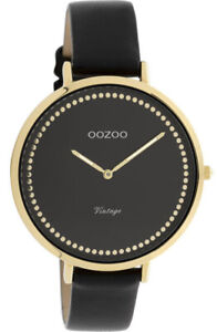 ooZoo Armbanduhr Damen Uhr C9854 Leder Ultra Flach Vintage Slim ∅40 schwarz gold