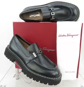NIB FERRAGAMO IGNAZIO BLACK LEATHER GANCIO BIT LOGO LUG PLATFORM LOAFERS 10 M - Picture 1 of 14