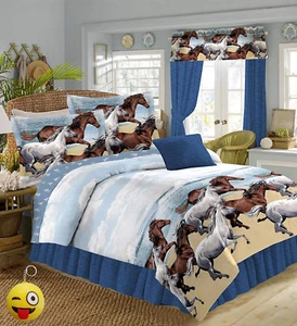 Blue COASTAL BEACH RUN HORSE COMFORTER SET & SHEETS Bed In A Bag - Picture 1 of 10