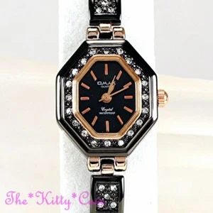 OMAX JE0474 Gunmetal & Rose Gold, Deco Octagon Watch Dress w/ Swarovski Crystals - Picture 1 of 12