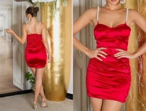Satin Look Träger Minikleid mit Perlenträger in Rot Gr.S - Bild 1 von 3