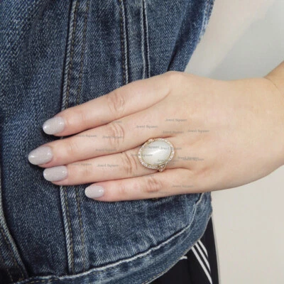 Real Oval MOP Gemstone Cocktail Ring Diamond Pave Solid 14k Yellow Gold Jewelry - Image 1 of 2