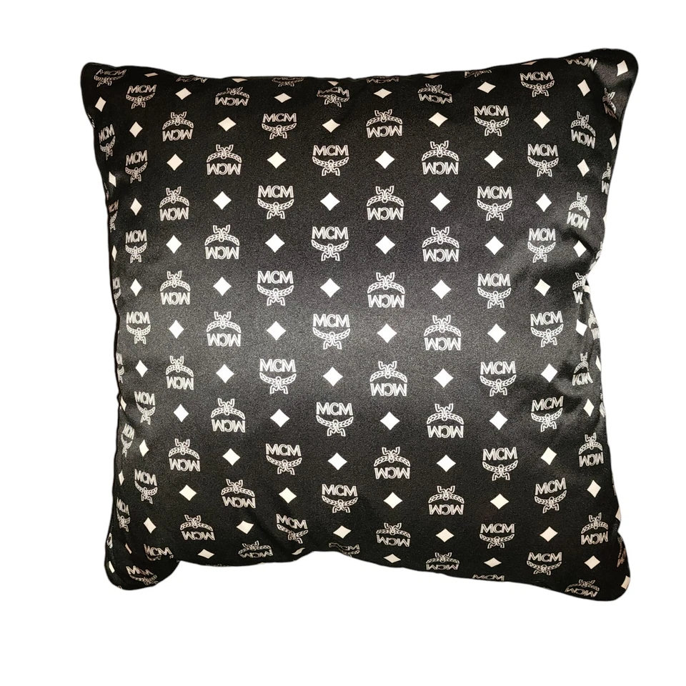 MCM PILLOW Cognac Visetos Black White SILK Quilted Throw Pillow Logo Monogram - Image 1 of 3