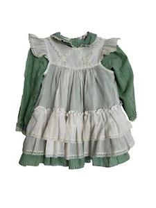 Vintage Bryan Girls Green Striped Pinafore Dress Size 2T Ruffles Full Circle - Picture 1 of 14