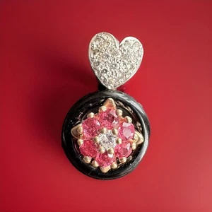 UNIQUE 14K White Gold Natural .50CT Round Ruby Diamond Black Onyx Heart Pendant - Picture 1 of 12