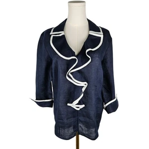 Talbots Shirt Vintage Size 14 Large Navy Linen White Ruffle Trim Button Nautical - Picture 1 of 9