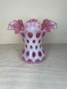 Vintage Fenton Cranberry Coin Dot 6 1/4" Double Crimp Ruffle Vase - Picture 1 of 4