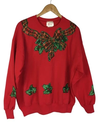 Винтажная рождественская флисовая толстовка с бантом Holly красная с ручной росписью женская большая - Изображение 1 из 4