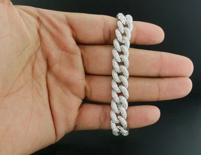 Мужские кубинские браслеты Miami с покрытием из белого золота 14 карат с лабораторными бриллиантами 10 карат 8 дюймов - Изображение 1 из 4