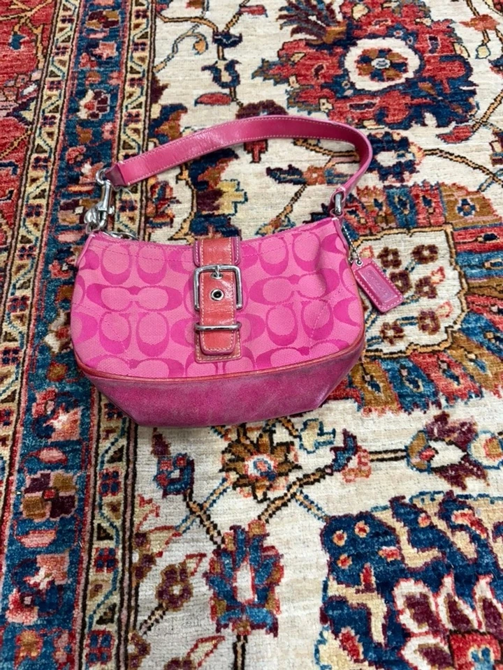 Bolso de Hombro Demi Vintage Y2K Coach Signature Rosa Gamuza Lona Foto 1 de 4