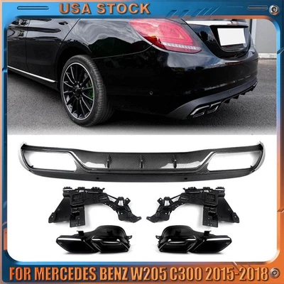 Rear Diffuser+Exhaust Tips For Mercedes Benz W205 C300 Sedan 2015-18 Carbon Look - Изображение 1 из 4