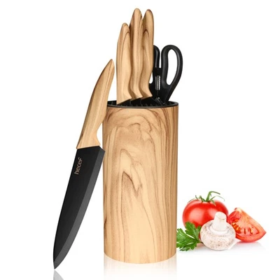 HECEF 6PCS Kitchen Knife Set Ultra Sharp Stainless Steel Chef Knife w/Olive Wood Block