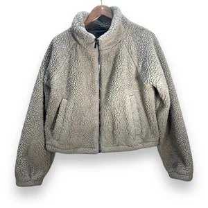 Women’s BYLT Basics Tan Teddy Sherpa Cropped Zip Up Jacket Size Large - Picture 1 of 13