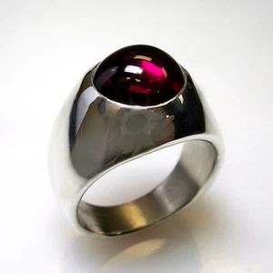 UNIQUE HEAVY CUSTOM MENS RING, W/ A ROUND LAB CREATED RUBY IN STERLING SILVER - Picture 1 of 8