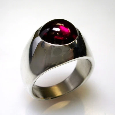 UNIQUE HEAVY CUSTOM MENS RING, W/ A ROUND LAB CREATED RUBY IN STERLING SILVER - Image 1 of 4