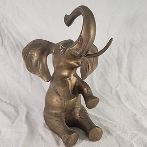 Elephant Sitting Solid Brass 10” Tall 3 Lbs Hollywood Regency Vintage Trunk Up  - Picture 1 of 4