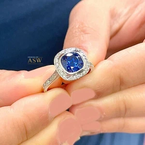 14k white gold round simulate sapphire and diamonds engagement ring halo 2.10ctw - Picture 1 of 11