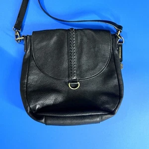 LUCKY BRAND Black Pebble Leather Flap Crossbody Saddle Bag Medium Brushed Gold - Picture 1 of 13
