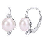 Amour Sterling Silver Cultured FW Pearl and Diamond Accent Leverback Earrings