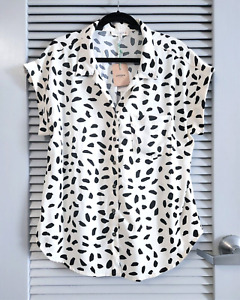 white dalmatian button down short slev shirt top XL w/ anthropologie earrings