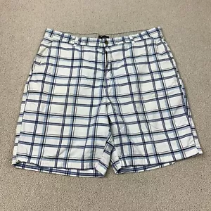 Covington Chino Shorts Men's Waist 42 White Blue Plaid Flat Front - Picture 1 of 6