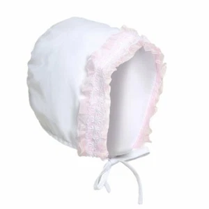 Baby Girl /Boy White Bonnet Hat With Pink or White Lace Trim 6-12 Months - Picture 1 of 3