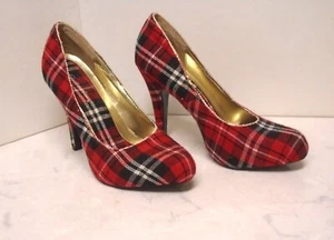 CHARLOTTE RUSSE - WOMES SIZE 8 RED/BLACK PLAID SPIKE HEELS - DON'T MISS!!! - Picture 1 of 3