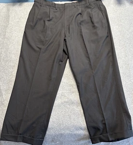 LANDS’ END Mens Wool Dress Pants Black Pleated Cuffed 44x29 Adjustable Waist - Picture 1 of 11