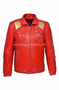 New Men's BEAT IT Red Gold Michael Jackson Style MUSIC Real Sheep Leather Jacket
