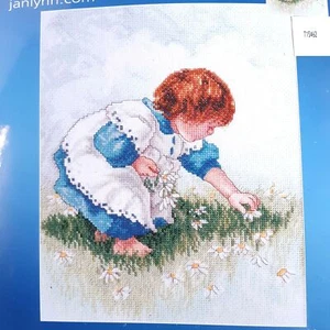 Janlynn Collecting Daisies Counted Cross Stitch Kit 9x11 New Child Girl Blues - Picture 1 of 3