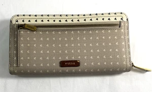 Women's Fossil Textured Leather Long Checkbook Zip Around Wallet Beige & Cream - Picture 1 of 16