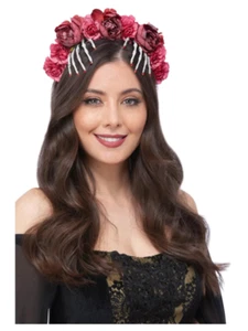 Fascia a mano rosa rossa e scheletro donna vestito fantasia accessorio Halloween - Foto 1 di 1