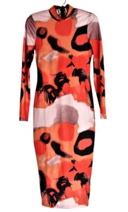 Vestido largo ceñido al cuerpo elástico SHEIN SXY XS abstracto Halloween naranja estampado gráfico - Imagen 1 de 7