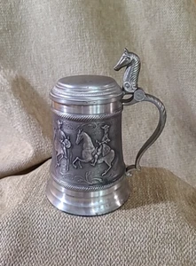 Vtg 7" Pewter Beer Tankard w Lid- SKS Germany-2 Different Embossed Horse Scenes - Picture 1 of 4