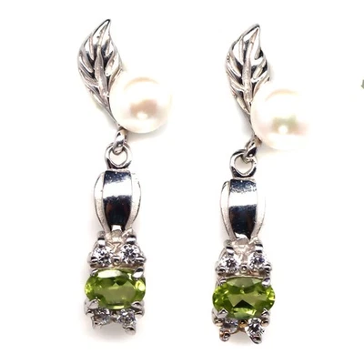 925 6 毫米银色 白色珍珠、橄榄石和锆石诞生石珠宝耳环 — 第 1/4 张图片