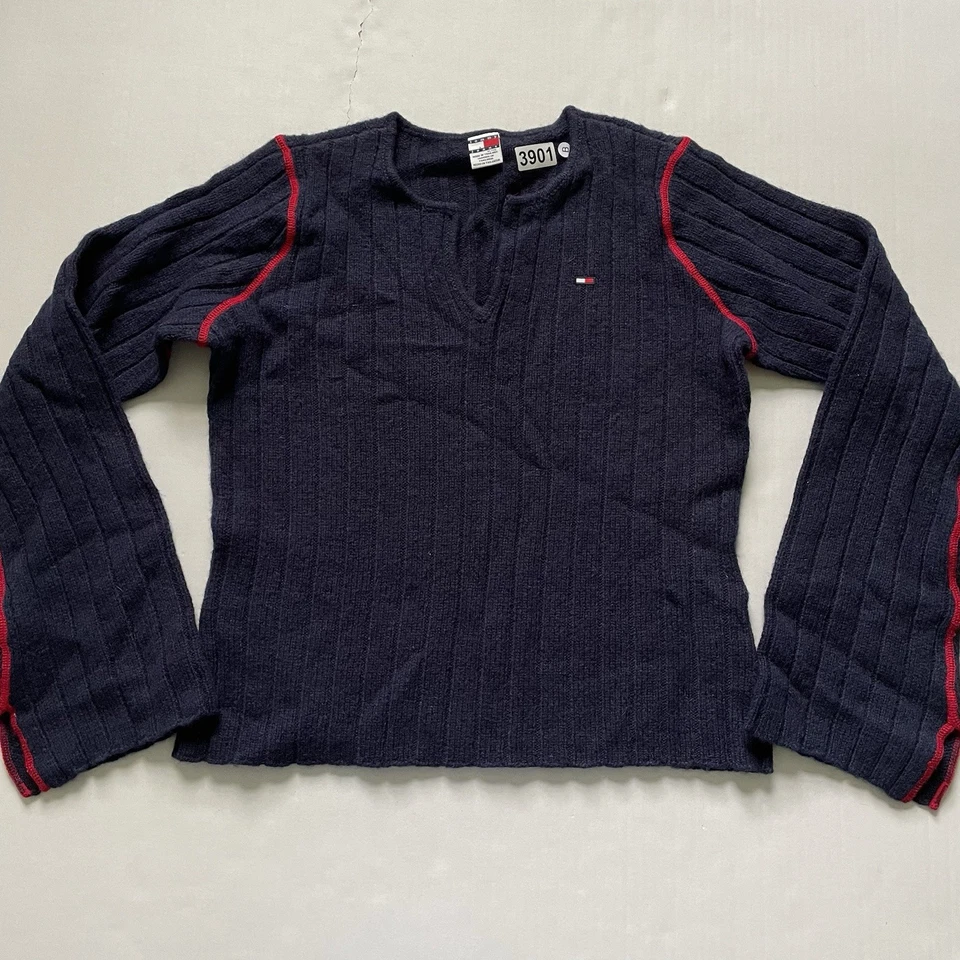 Suéter Tommy Hilfiger Para Mujer XL Azul Marino Acanalado 100% Lana Shetland Y2K De Colección Foto 1 de 4