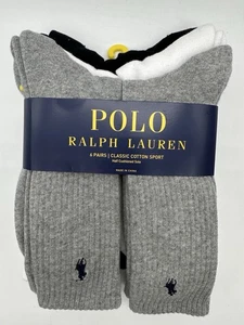 NEW 6 PAIR PACK RALPH LAUREN POLO MENS CREW COTTON SOCKS LARGE BLK / WH /GREY - Picture 1 of 4